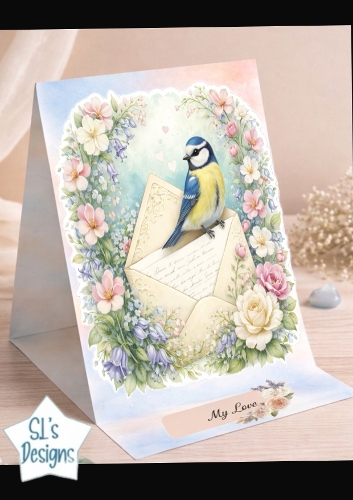 Blue Tit and Floral Envelope Card Topper with My Love Sentiment