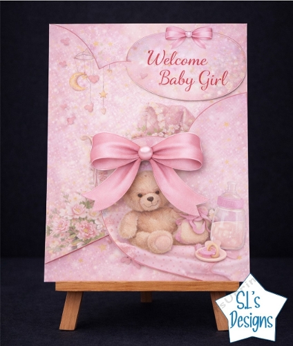 Luxury Pink Baby Girl Pop-Up Card Kit – Welcome Baby Girl Teddy Bear & Bow
