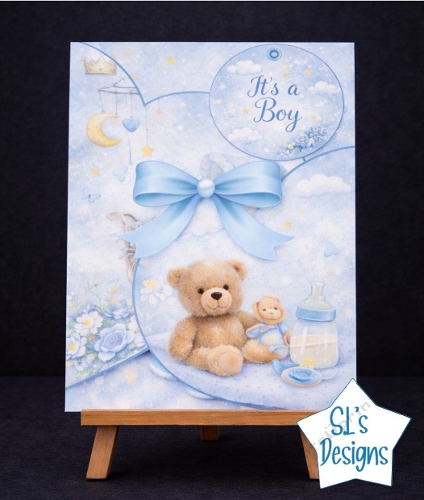 Decoupage Baby Boy Card Kit – Its a Boy Blue Teddy Bear Easel Card – New Baby Congratulations Keepsake