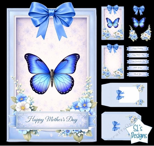 Blue Butterfly Mothers Day Card Kit with Floral Accents & Matching Labels