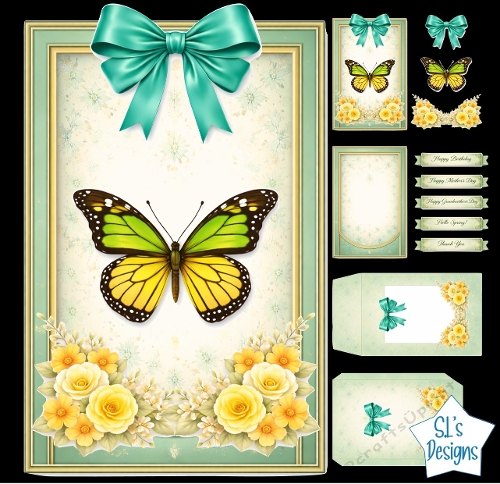Green & Yellow Butterfly Floral Card Kit with Ribbon Bow and Multi‑Occasion Labels