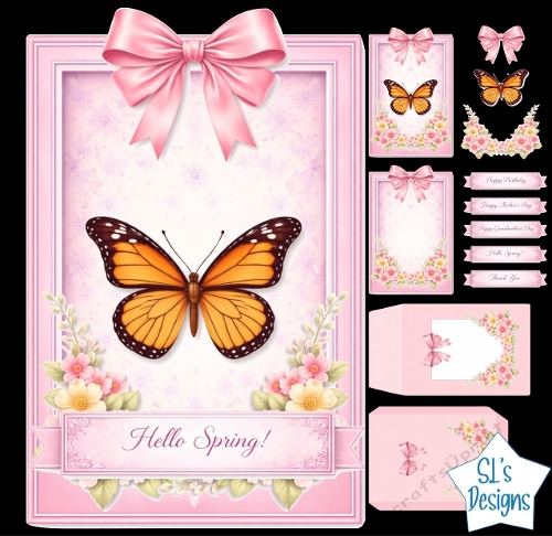 Orange Butterfly Spring Card Kit with Pink Ribbon & Floral Accents