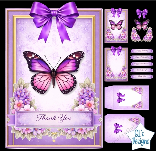 Purple & Pink Butterfly Floral Card Kit with Ribbon Bow and Multi‑Occasion Sentiments