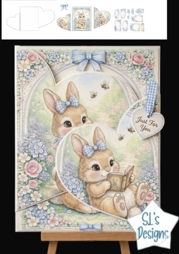 Cute Bunny with Blue Gingham Bow – Spring Card Topper & Embellishments