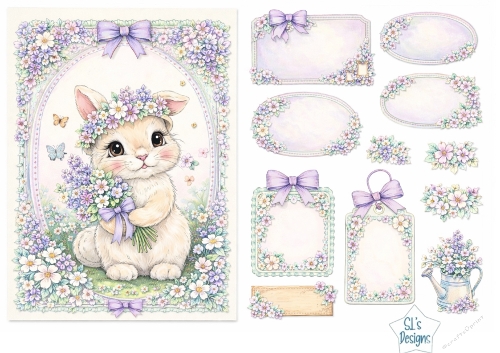 Cute Floral Bunny with Purple Bouquet – Printable Labels & Card Topper Sheet