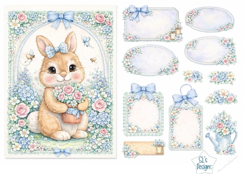 Cute Bunny with Blue Gingham Bow – Floral Printable Labels & Card Topper Sheet