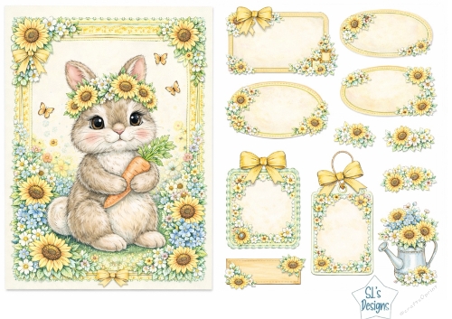Cute Bunny with Sunflower Crown – Floral Printable Labels & Card Topper Sheet