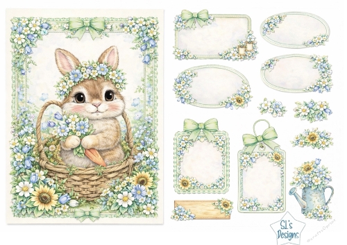 Cute Bunny in Flower Basket – Spring Floral Printable Labels & Card Topper Sheet