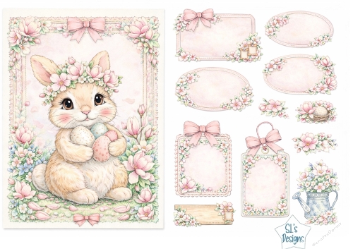 Cute Bunny with Easter Eggs – Floral Printable Labels & Card Topper Sheet