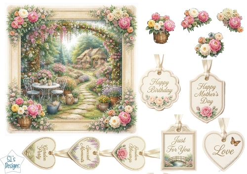 Charming Cottage Garden Card Front with Floral Tags & Sentiments
