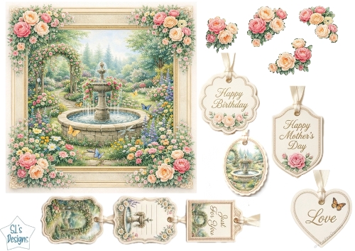 Romantic Garden Fountain Card Front with Floral Tags & Sentiments