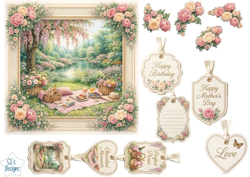 Romantic Riverside Picnic Card Front with Floral Tags & Sentiments