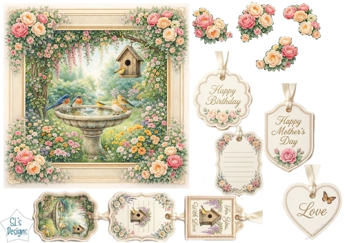 Charming Birdbath Garden Card Front with Floral Tags & Sentiments
