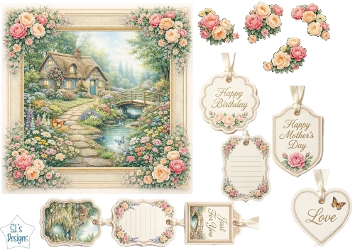 Romantic Cottage Garden Bridge Card Front with Floral Tags & Sentiments