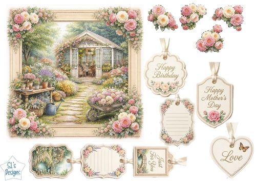 Charming Greenhouse Garden Card Front with Floral Tags & Sentiments