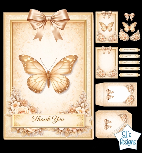 Elegant Beige & Gold Butterfly Floral Card Kit with Satin Bow and Multi‑Occasion Sentiments