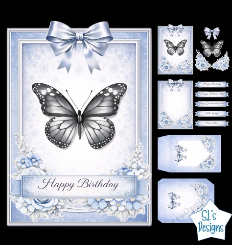 Monochrome Butterfly & Blue Floral Card Kit with Ribbon Bow and Multi‑Occasion Sentiments