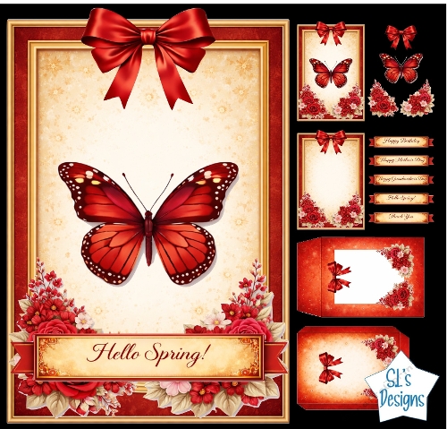 Red Butterfly Spring Card Kit with Floral Accents & Ribbon Bow