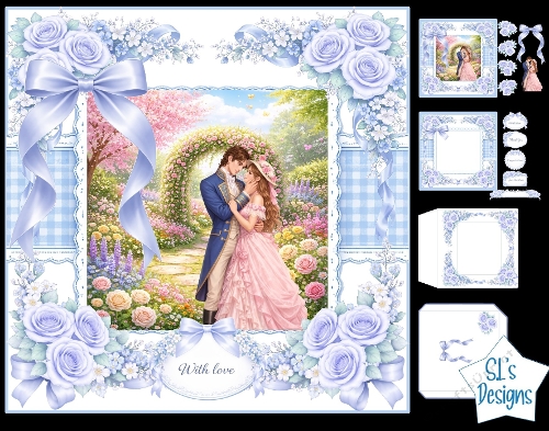 Romantic Couple in Floral Garden Card Kit with Lace, Ribbons & With Love Elements