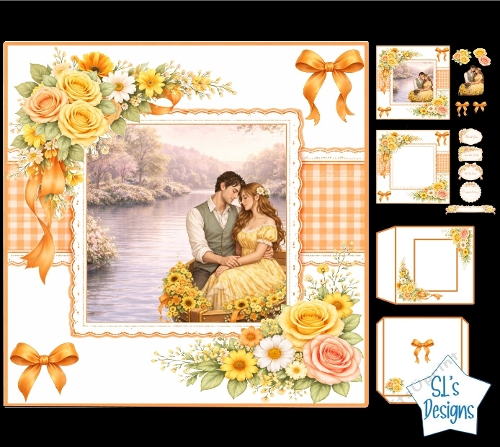 Romantic Vintage Couple by the River Card Kit with Floral Accents & Ribbon Embellishments