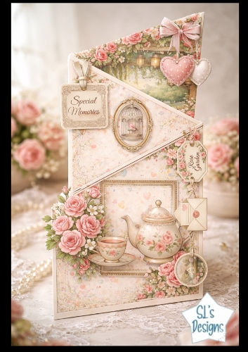 Vintage Rose Garden Tea Set Card Topper – Romantic Floral Shabby Chic Design