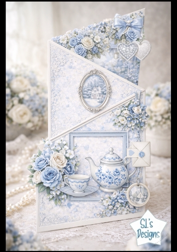 Winter Blue Rose Cottage Card Topper – Elegant Floral Teapot & Snow Scene Design