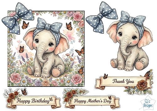Cute Baby Elephant Blue Floral Card Topper – Birthday, Mothers Day & Thank You