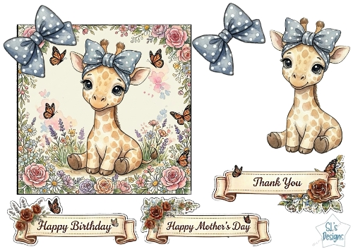 Cute Baby Giraffe Blue Floral Card Topper – Birthday, Mothers Day & Thank You