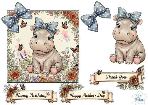 Cute Baby Hippo Blue Floral Card Topper – Birthday, Mothers Day & Thank You