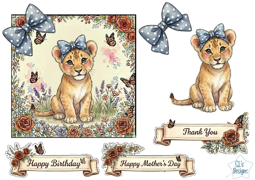 Cute Baby Lion Blue Floral Card Topper – Birthday, Mothers Day & Thank You