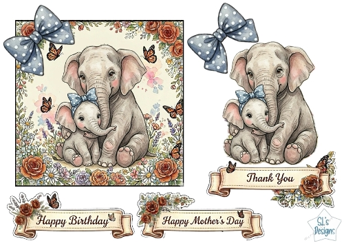 Cute Mother & Baby Elephant Blue Floral Card Topper – Birthday, Mothers Day & Thank You