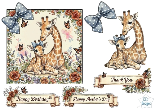 Cute Mother & Baby Giraffe Blue Floral Card Topper – Birthday, Mothers Day & Thank You
