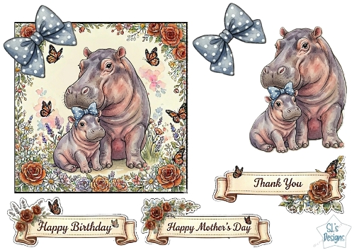 Cute Mother & Baby Hippo Blue Floral Card Topper – Birthday, Mothers Day & Thank You