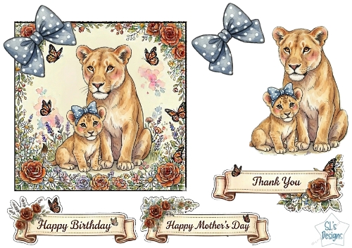 Cute Mother & Baby Lion Blue Floral Card Topper – Birthday, Mothers Day & Thank You