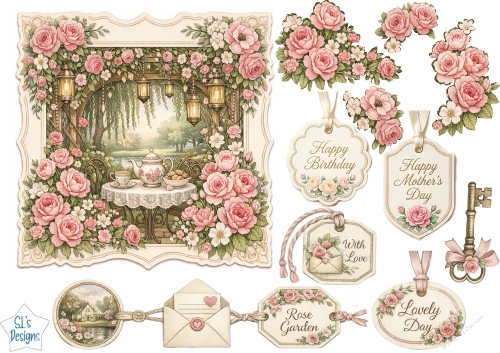 Vintage Rose Garden Tea Scene Card Topper – Romantic Floral Birthday & Mothers Day Design