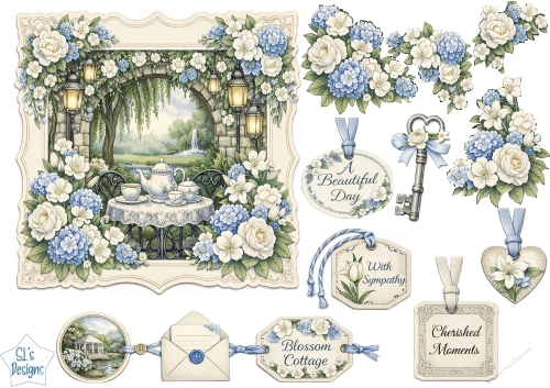 Vintage Blossom Cottage Garden Tea Scene Card Topper – Sympathy, Birthday & Floral Occasions