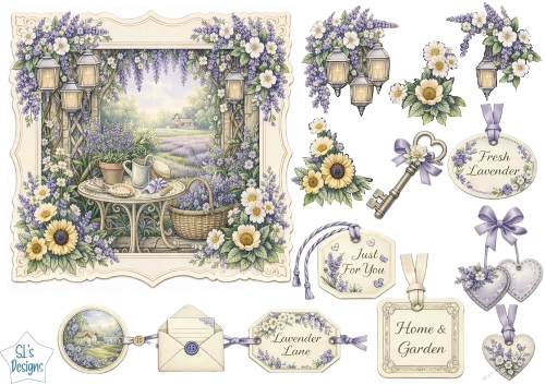 Lavender Lane Garden Tea Scene Card Topper – Floral Cottage Style Birthday & All‑Occasion Design