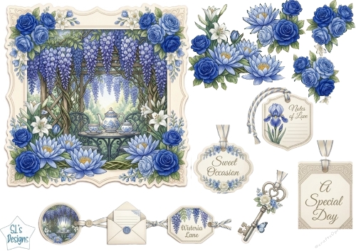 Wisteria Lane Garden Tea Scene Card Topper – Elegant Floral Birthday & Special Occasion Design
