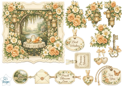 Peach Blossom Lane Garden Tea Scene Card Topper – Romantic Floral Birthday & All‑Occasion Design