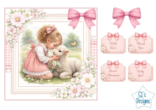 Sweet Baby Girl & Lamb Pastel Card Front with Sentiments