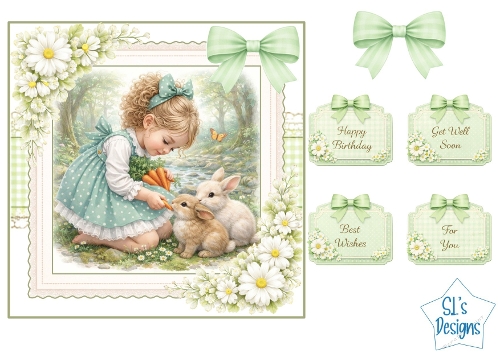 Sweet Forest Girl with Rabbits Card Front & Sentiments