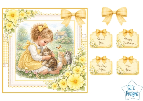 Sweet Girl with Kittens Yellow Floral Card Front & Sentiments