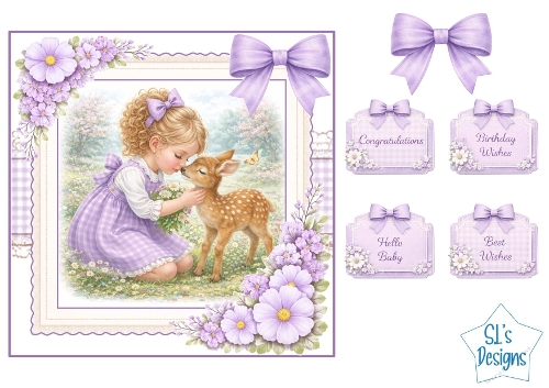 Sweet Girl & Fawn Lavender Meadow Card Front with Sentiments