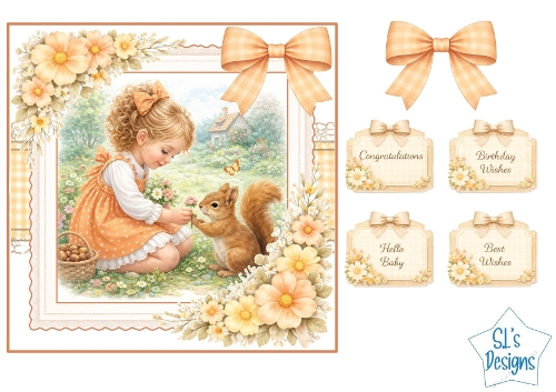 Sweet Girl & Squirrel Autumn Meadow Card Front with Sentiments