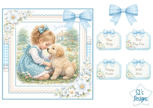 Sweet Girl & Puppy Blue Floral Garden Card Front with Sentiments