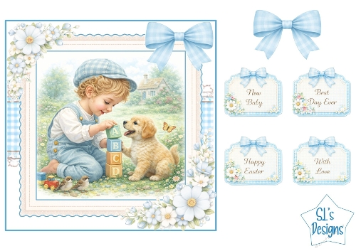 Sweet Boy & Puppy Blue Gingham ABC Card Front with Sentiments