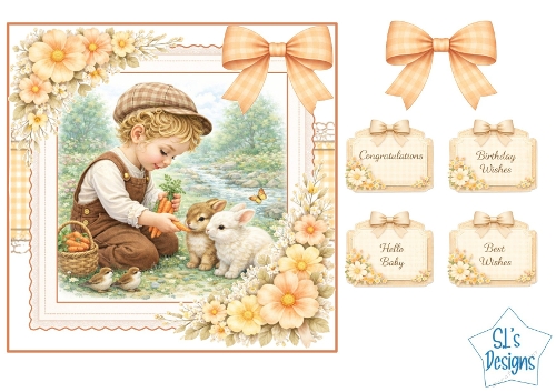 Sweet Boy Feeding Rabbits Autumn Meadow Card Front with Sentiments