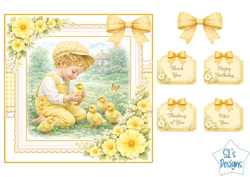 Sweet Boy with Ducklings Yellow Meadow Card Front with Sentiments