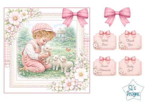 Sweet Boy with Lambs Pink Garden Card Front with Sentiments