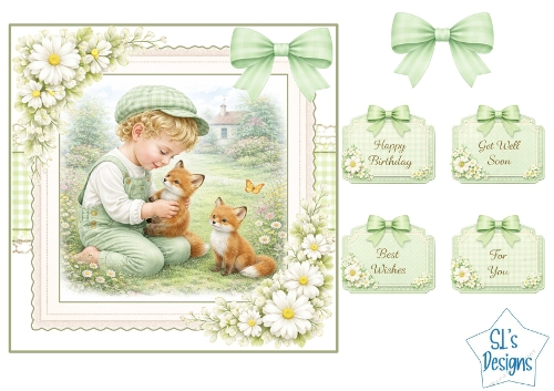 Sweet Boy with Baby Foxes Green Meadow Card Front with Sentiments